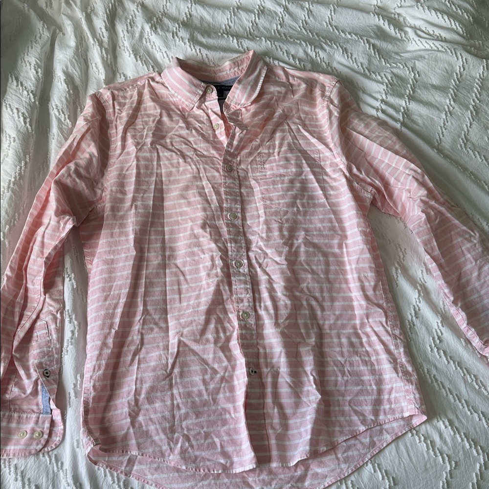 Tommy Hilfiger Pink and White Striped long sleeve button down shirt